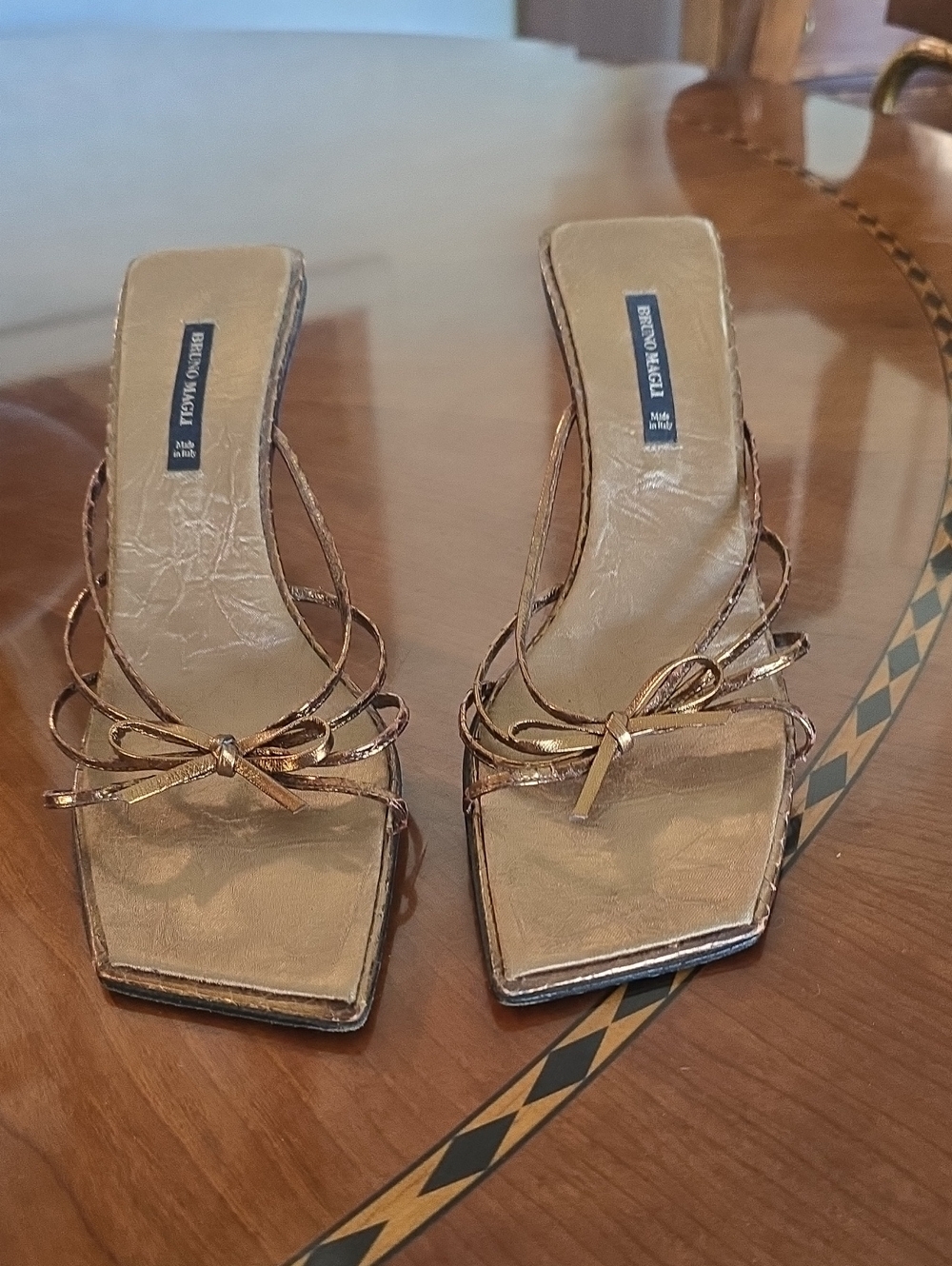 Bruno Magli Metallic Bronze Strappy Square-Toe Slide Mules